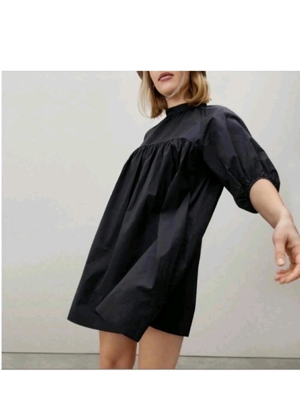 Everlane Shirred Black Puff-Sleeve Mini Dress Medium